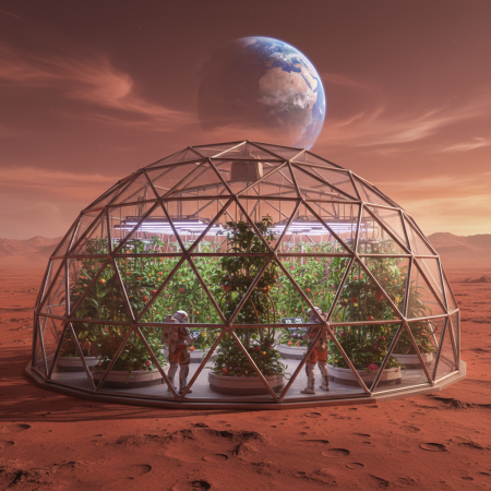 Futuristisches Mars-Gewächshaus mit der Erde am Himmel
