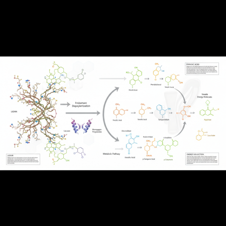Detaillierte wissenschaftliche Illustration der Lignin-Struktur und enzymatischen Abbauprozesse